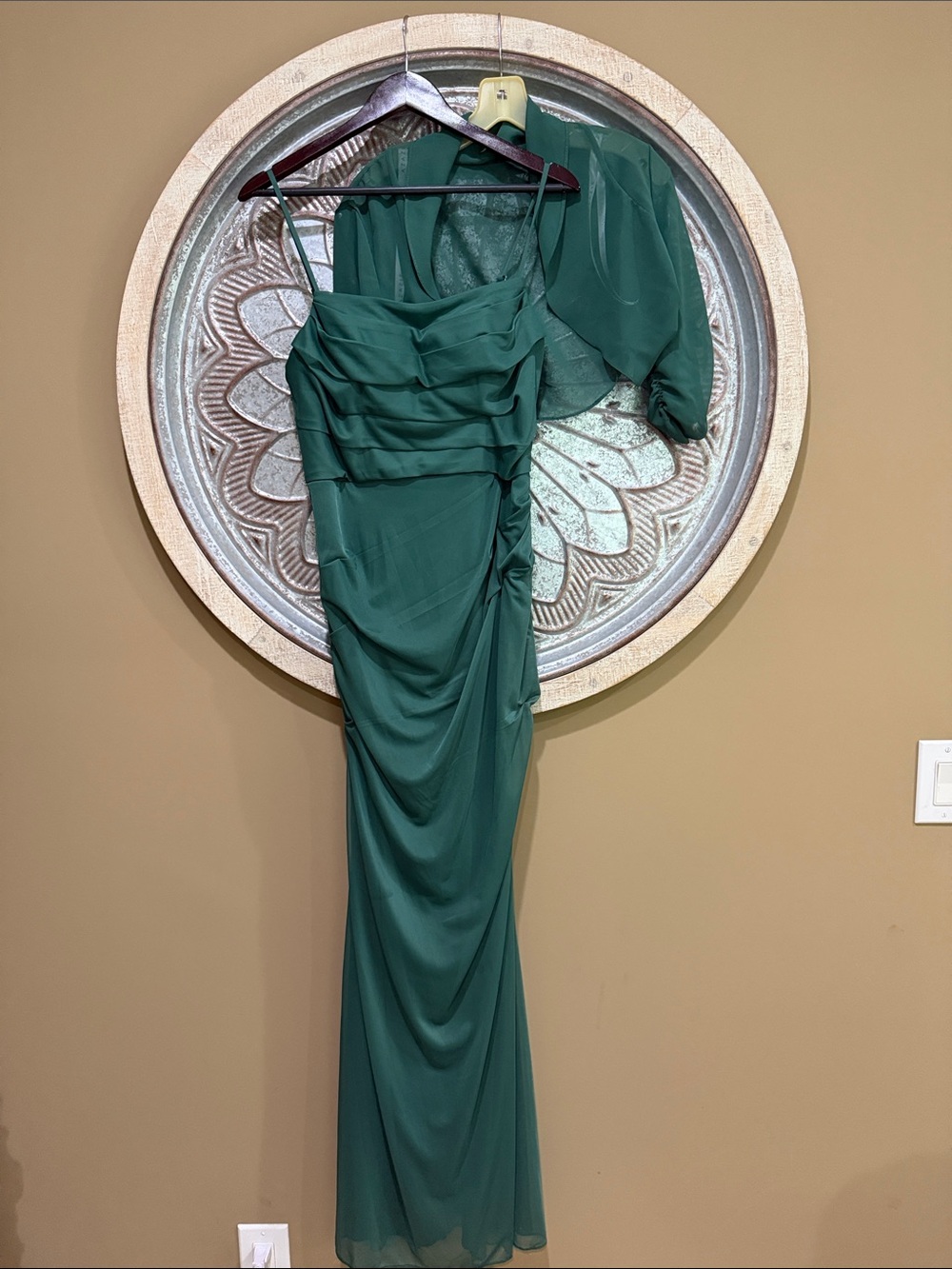 NEW Azazie Deep Green Ruched Maxi Dress with Matching Bolero Adjustable Straps